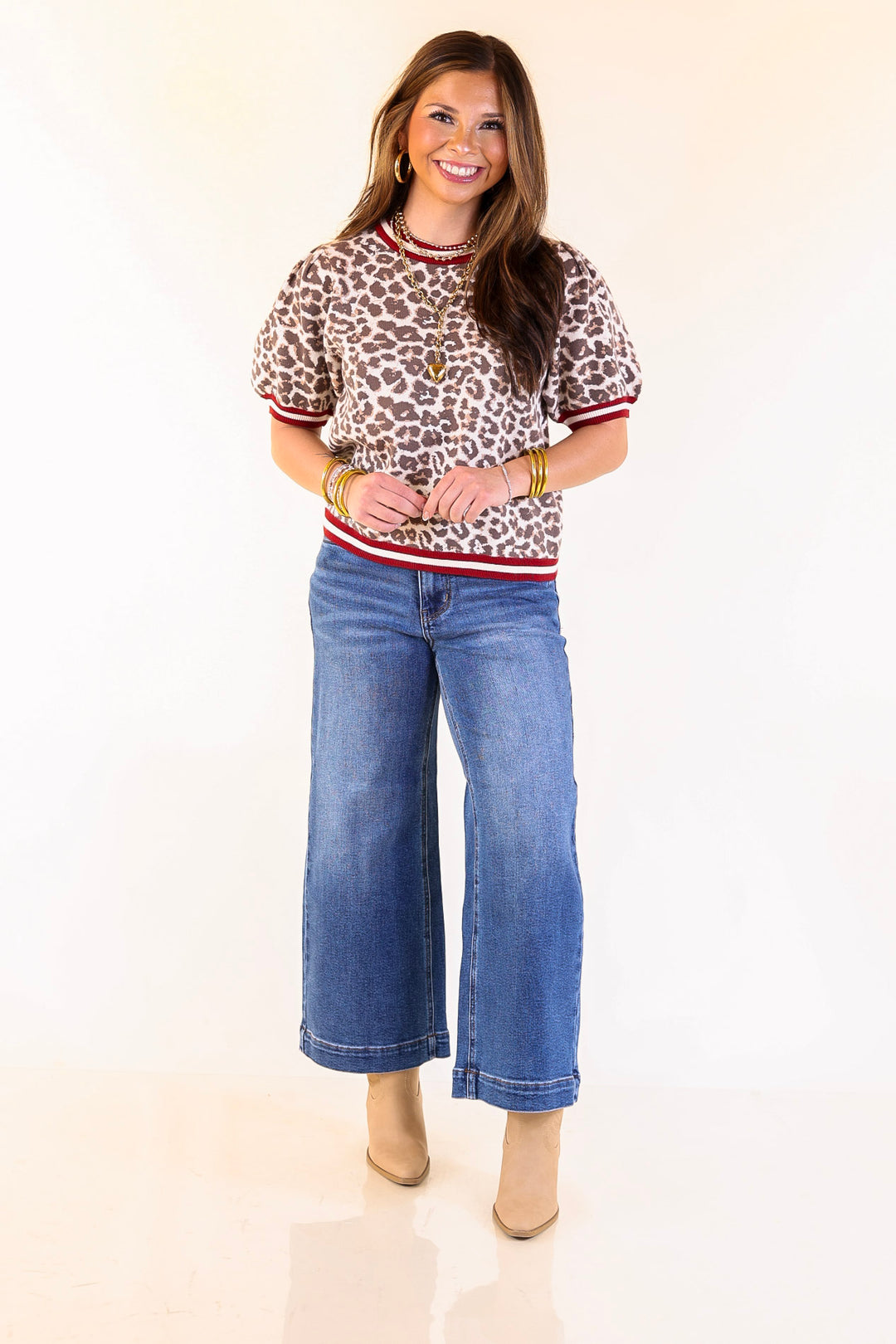 Feline Fine Leopard Print Short Sleeve Sweater with Contrast Trim in Maroon