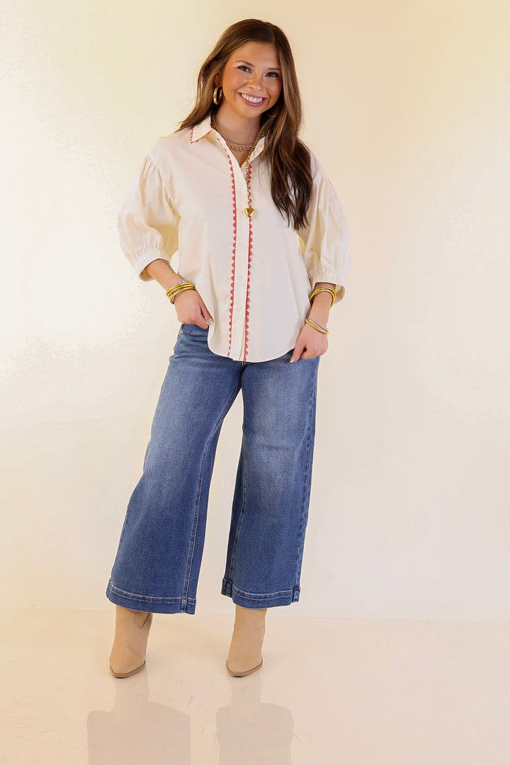 Ripple Effect Puff Sleeve Button-Up Top with Rick-Rack Trim Detailing in Cream