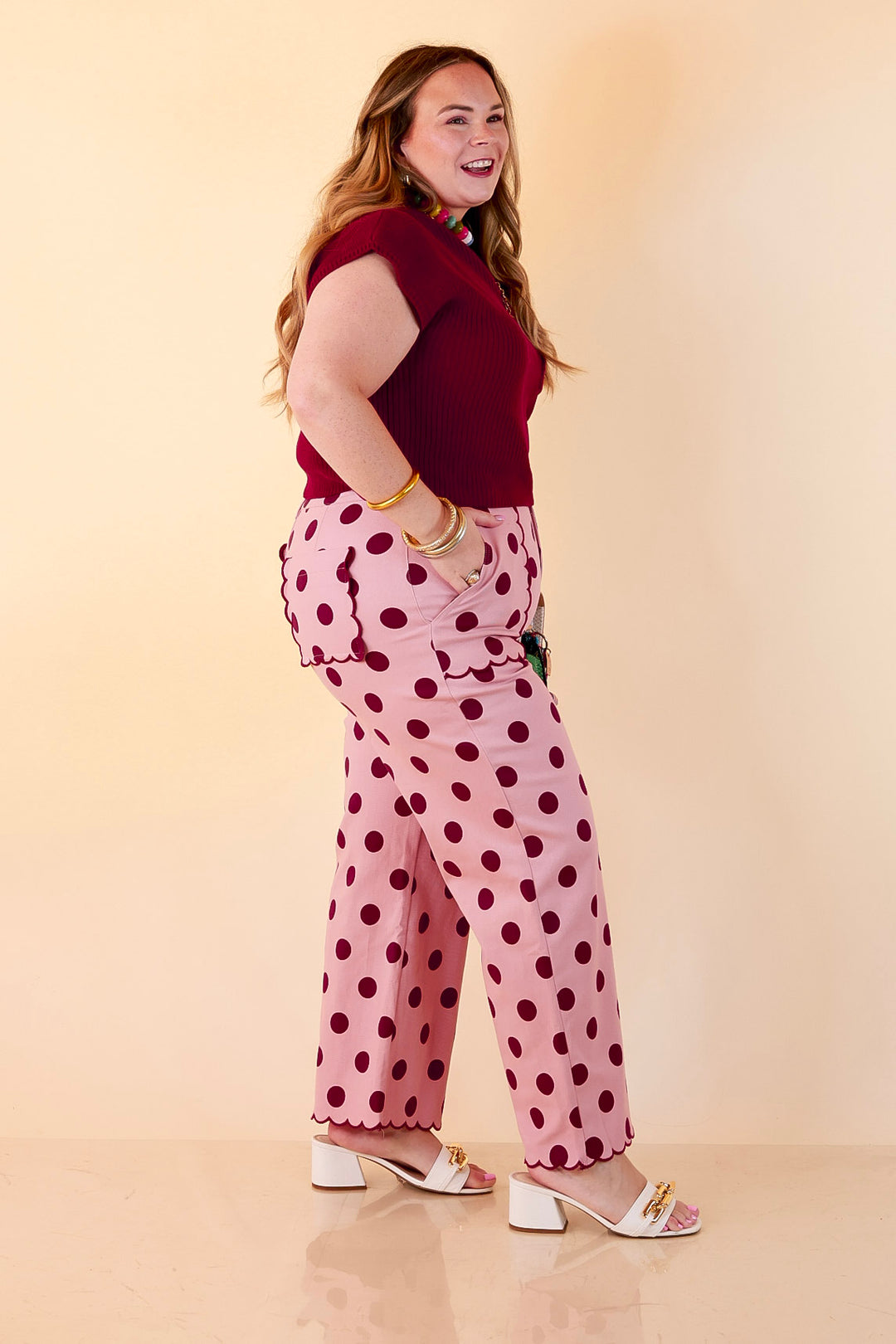 Polished Play Polka Dot Print Wide Leg Denim Pants with Scallop Detailing in Blush Pink and Maroon