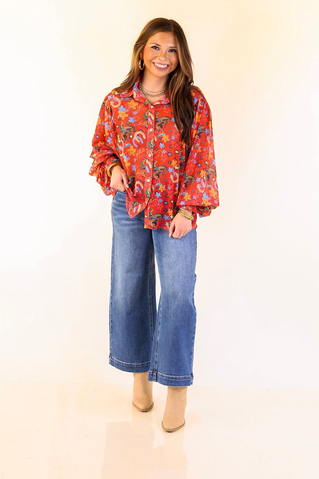 Winning Streak Button Up Collared Horseshoe Print Mesh Top with Long Balloon Sleeves in Red