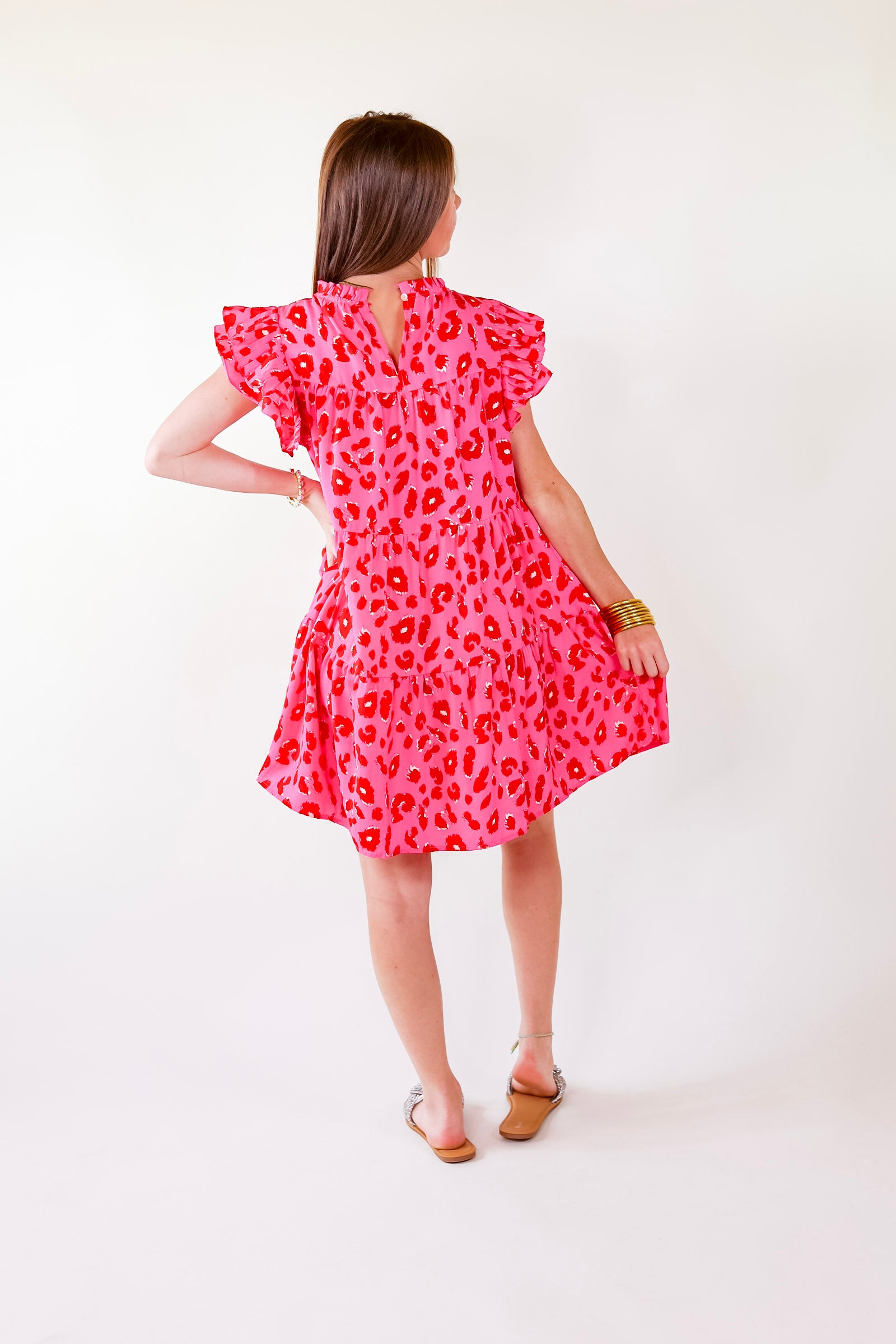 Daring and Delightful Leopard Print Dress with Ruffle Cap Sleeves in Pink - Giddy Up Glamour Boutique