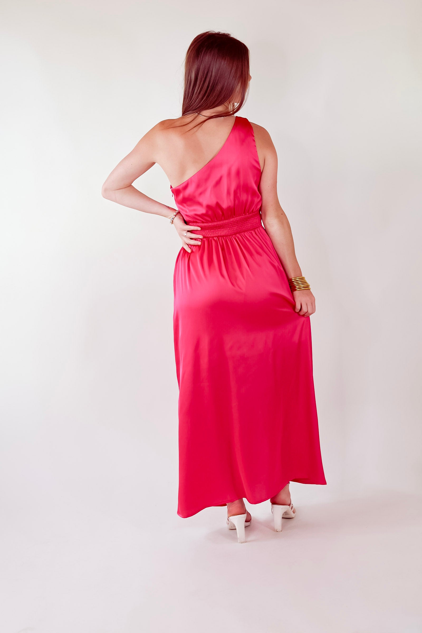 Luxury Glam One Shoulder Slit Dress in Fuschia Pink - Giddy Up Glamour Boutique