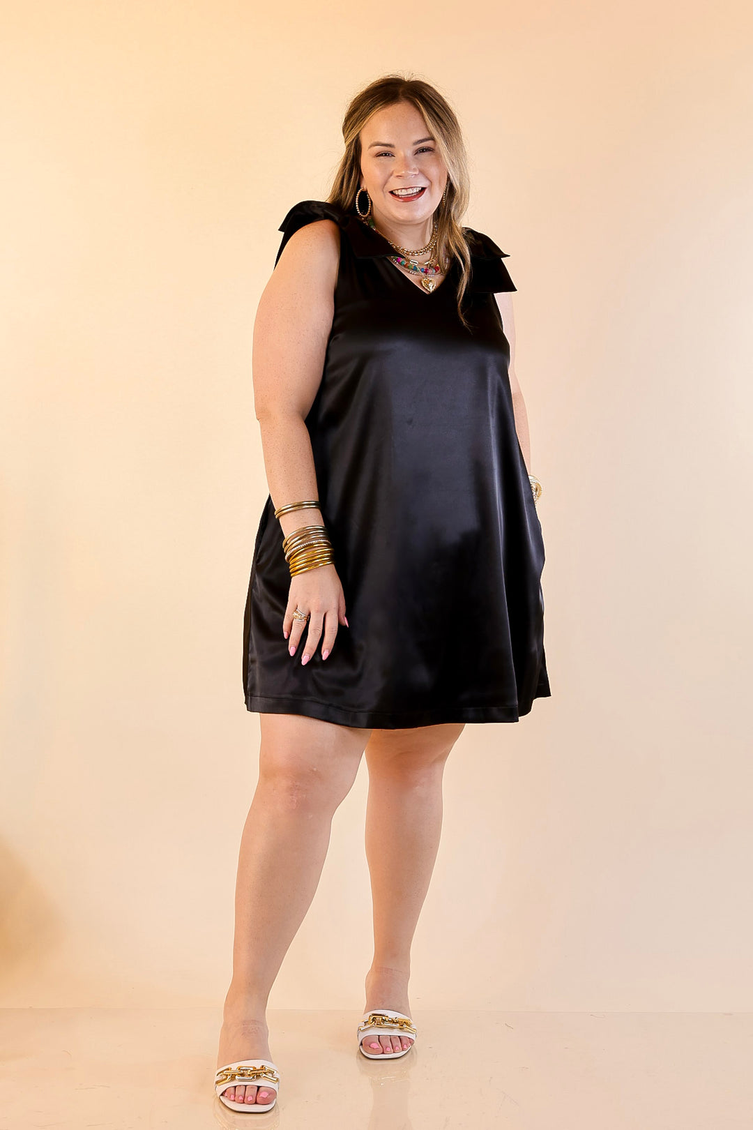 Satin Soirée V Neck Mini Dress with Bow Strap Detailing in Black