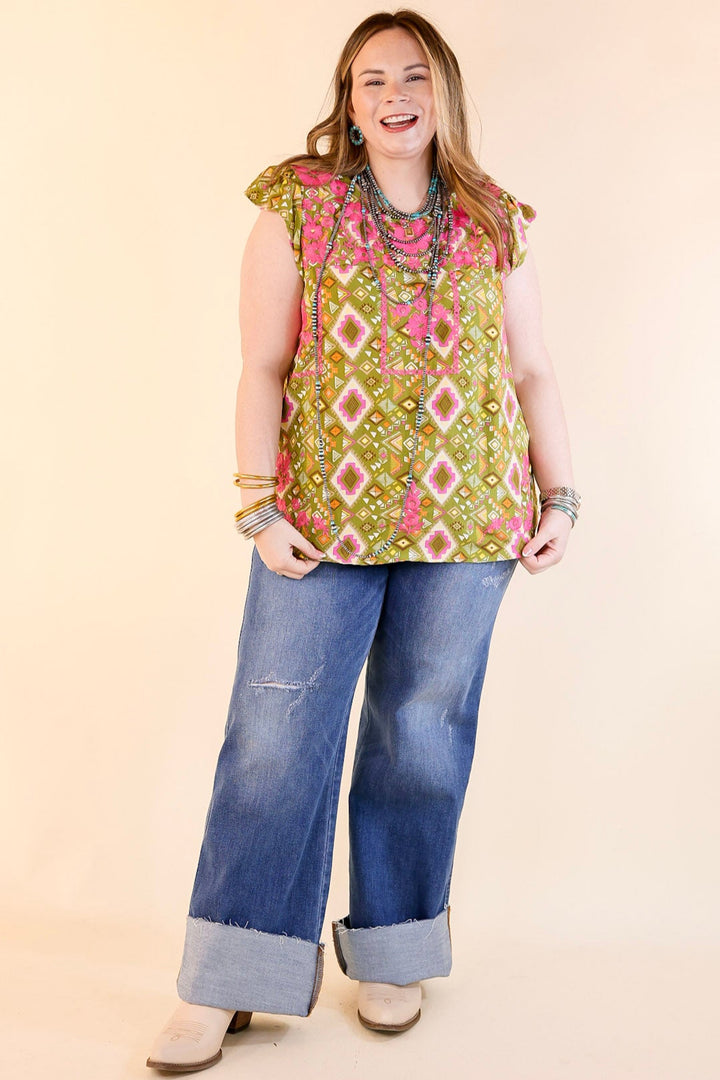 Sweet Serenade Aztec Print Top with Pink Floral Embroidery in Olive Green