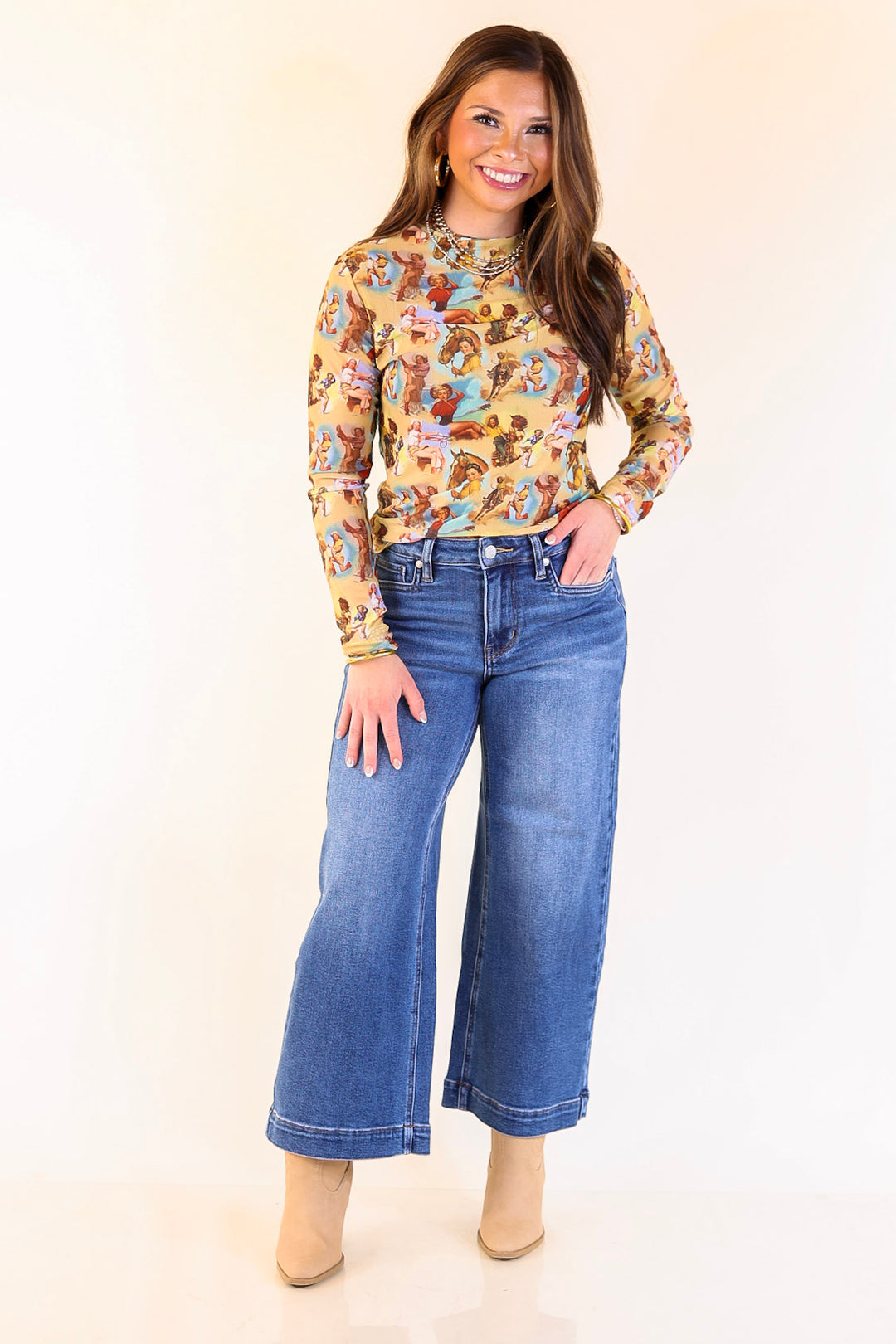Western Dream Mesh Long Sleeve Top in Vintage Cowgirl Print