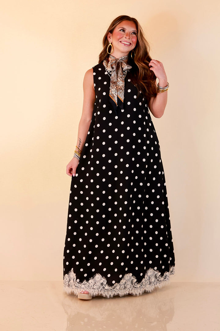 Sweet Little Something Polka Dot Sleeveless Maxi Dress with Lace Trim in Black