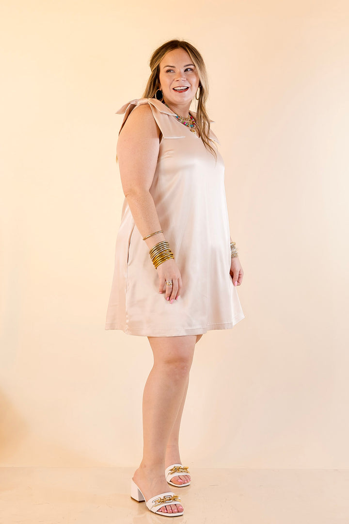 Satin Soirée V Neck Mini Dress with Bow Strap Detailing in Champagne