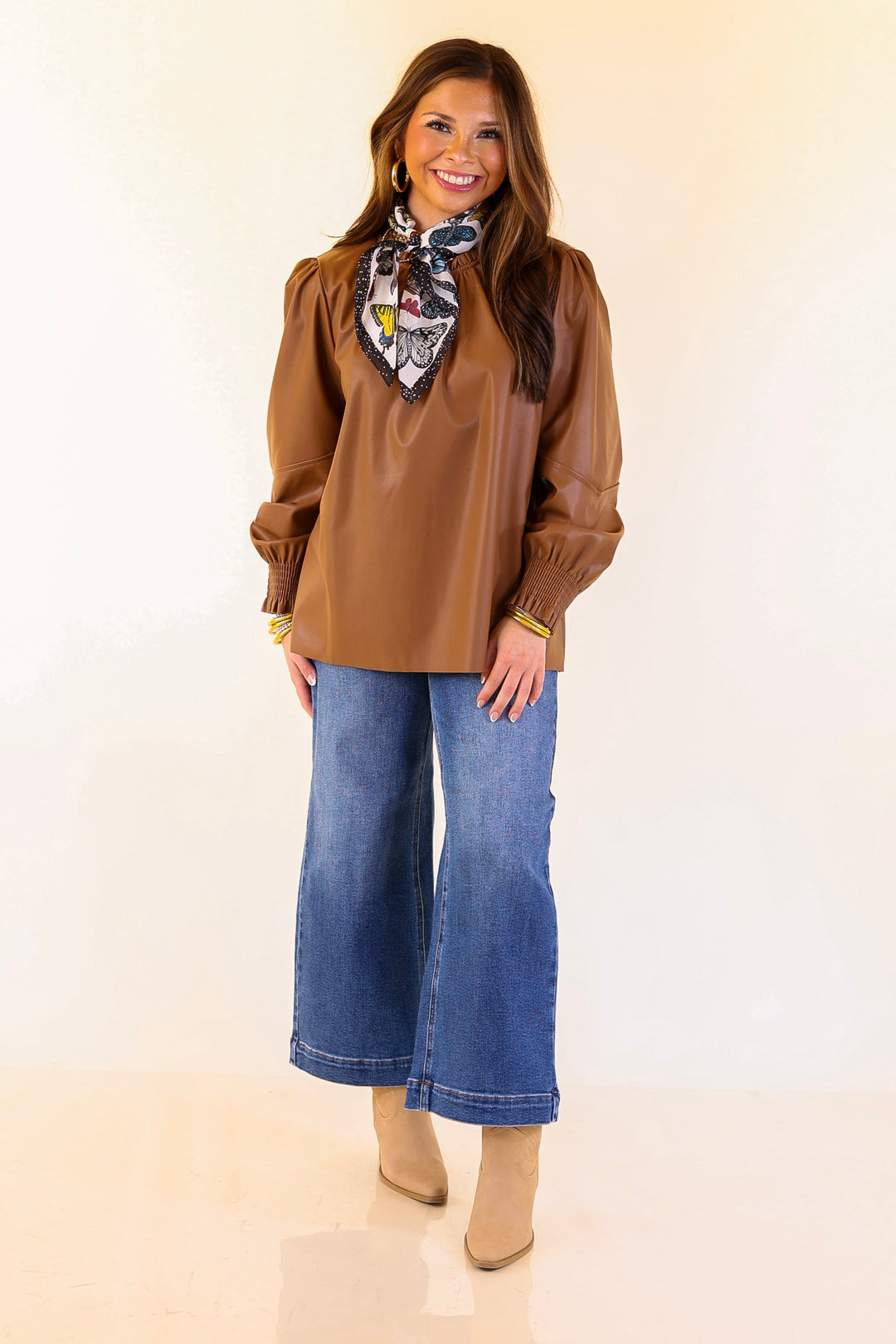 Mud Pie | Putnam Faux Leather Long Sleeve Top with Smocked Cuffs in Tan Brown