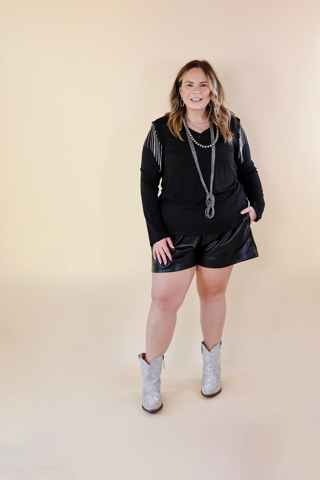 Party Dreams Long Sleeve V Neck Top with Crystal Fringe Shoulders in Black - Giddy Up Glamour Boutique