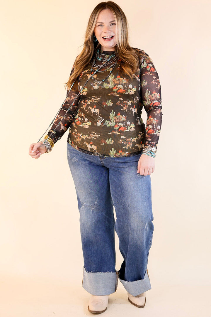 Western Dream Mesh Long Sleeve Top with Retro Western Print in Black