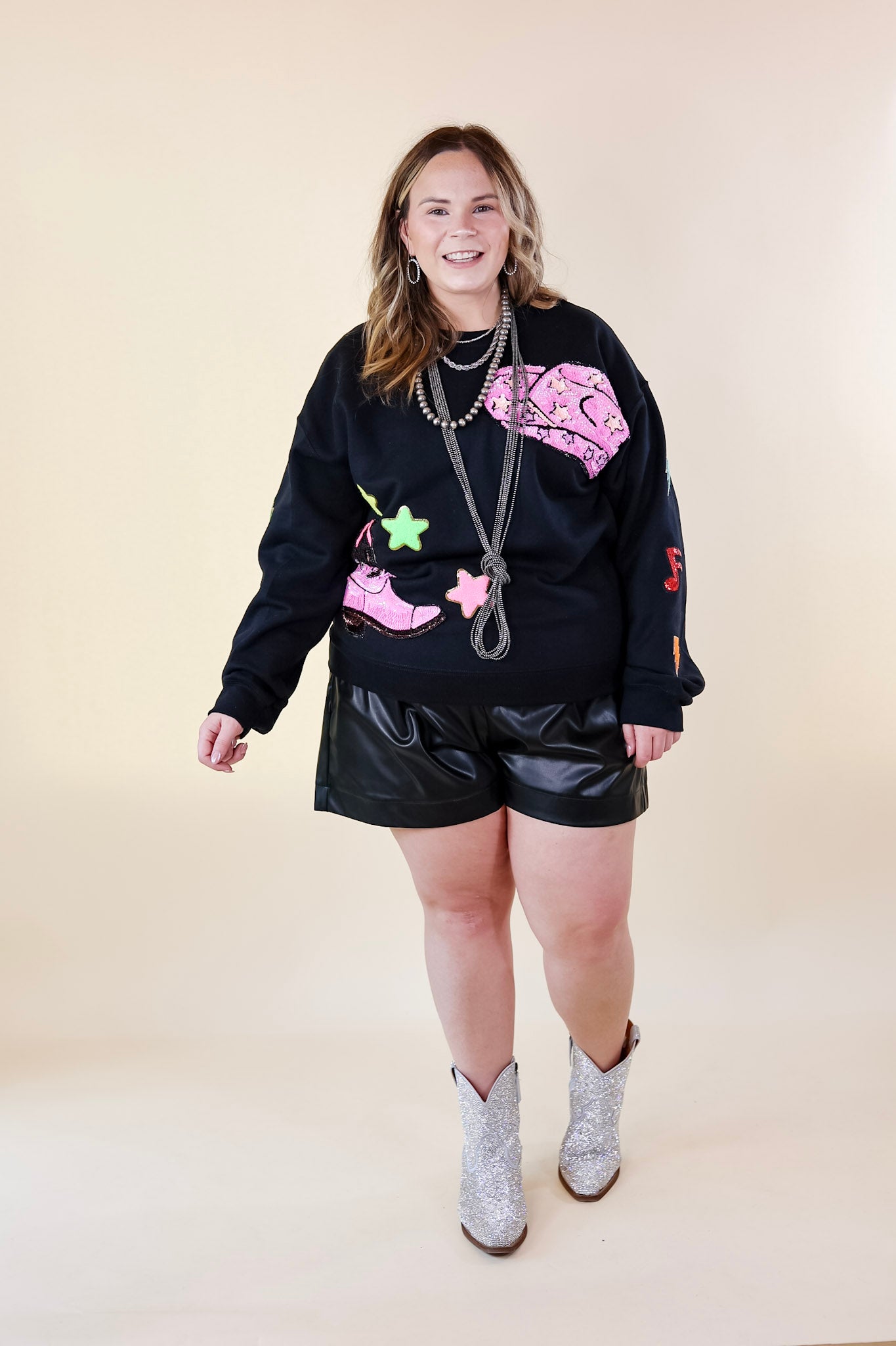 Nashville Lights Chenille and Sequin Patch Graphic Sweatshirt in Black - Giddy Up Glamour Boutique