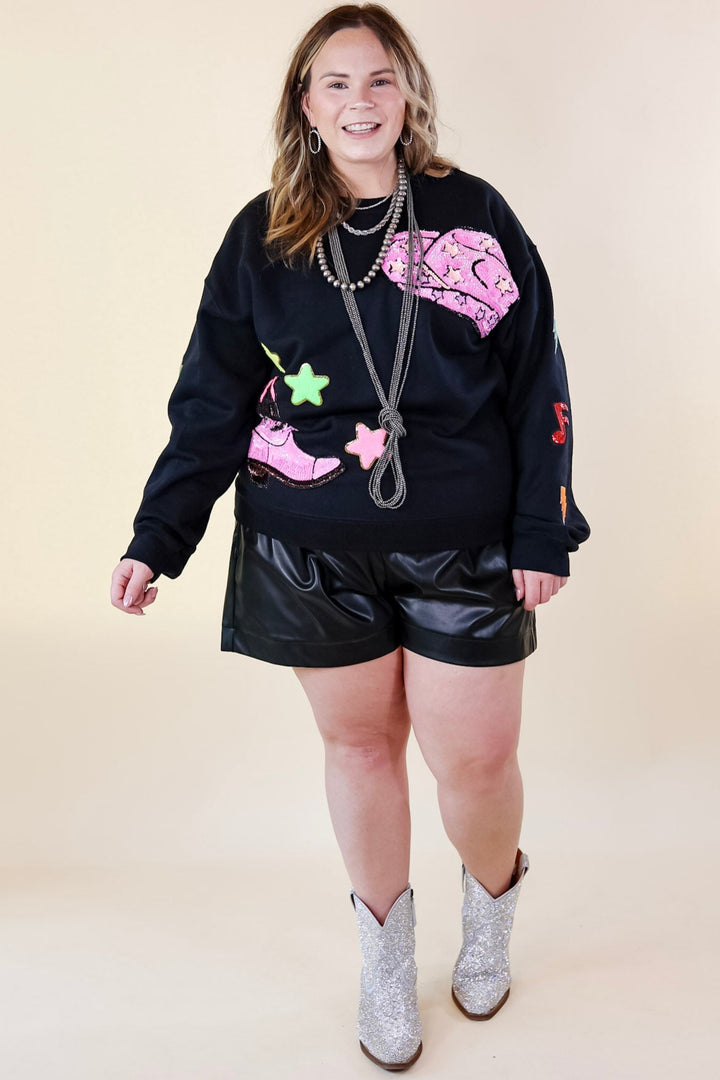 Nashville Lights Chenille and Sequin Patch Graphic Sweatshirt in Black - Giddy Up Glamour Boutique