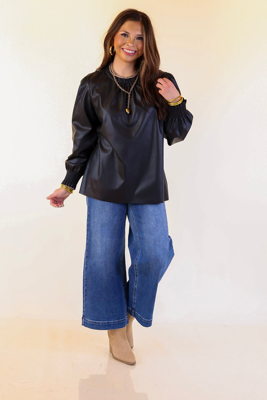 Mud Pie | Putnam Faux Leather Long Sleeve Top with Smocked Cuffs in Black