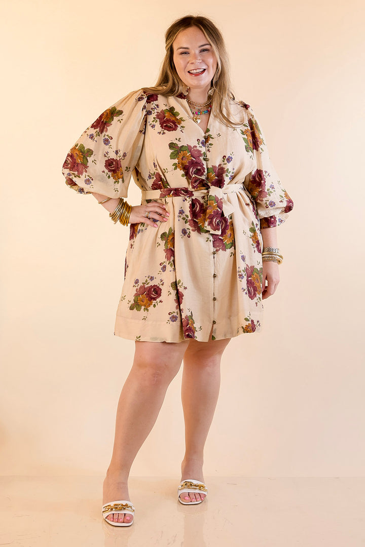 Garden Stroll Floral Dress with A-Line Skirt and and Belt in Vanilla Cream