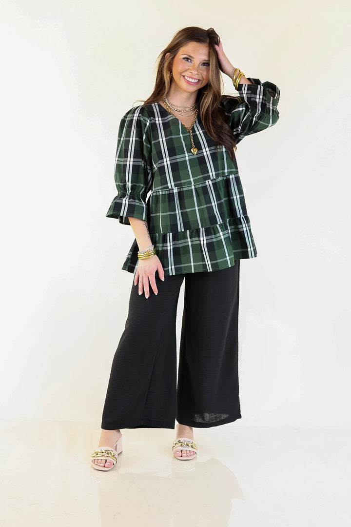 Mud Pie | Ashford Plaid Babydoll Top with Ruffle Hem and 3/4 Balloon Sleeves in Green