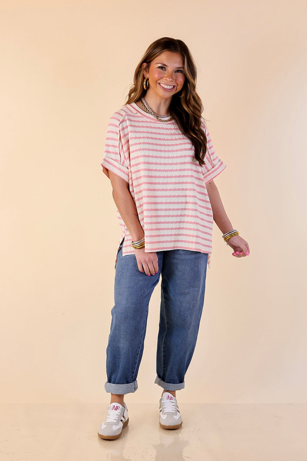 On The Daily Scoop Neck Short Sleeve Textured Top in Pink
