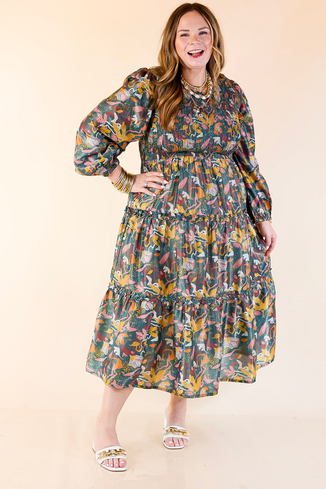 Mud Pie | Shaffer Smocked Bodice Long Sleeve Midi Dress with Tiered Skirt in Blue Mix