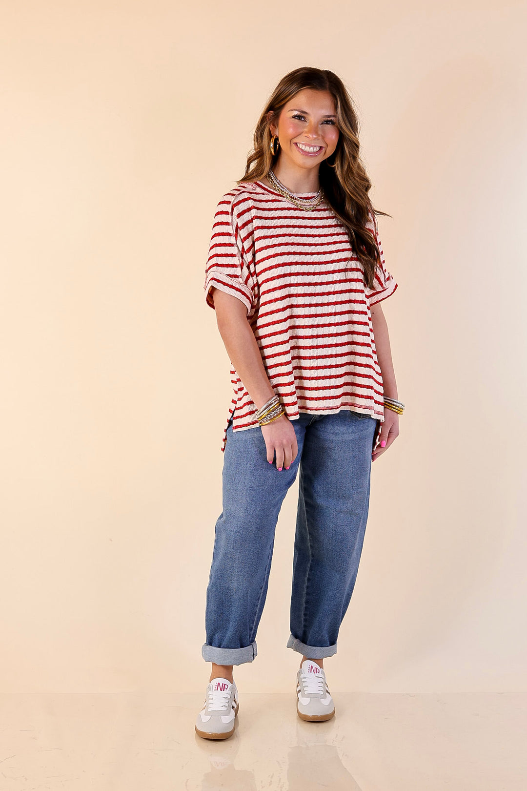 On The Daily Scoop Neck Short Sleeve Textured Top in Red