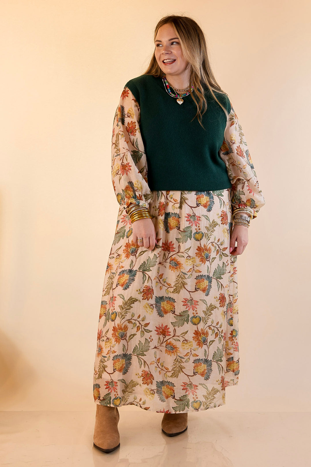 Charming Impression Floral Print Maxi Dress with Long Sleeves in Cream, Olive, Teal and Rust