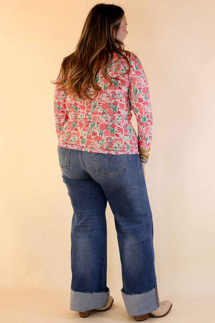 Western Dream Mesh Long Sleeve Top with Western Floral Print in Pink