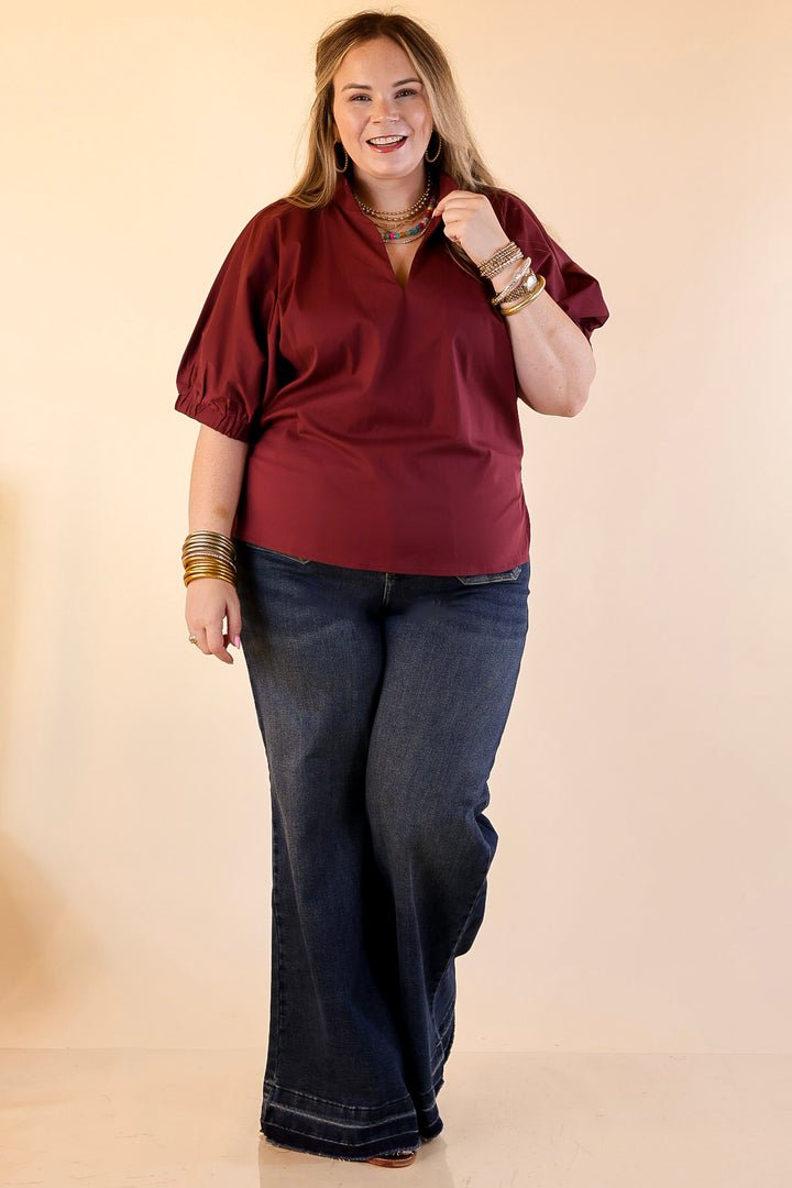 Elevated Basic V-Neck Blouse With Drop Shoulder in Maroon