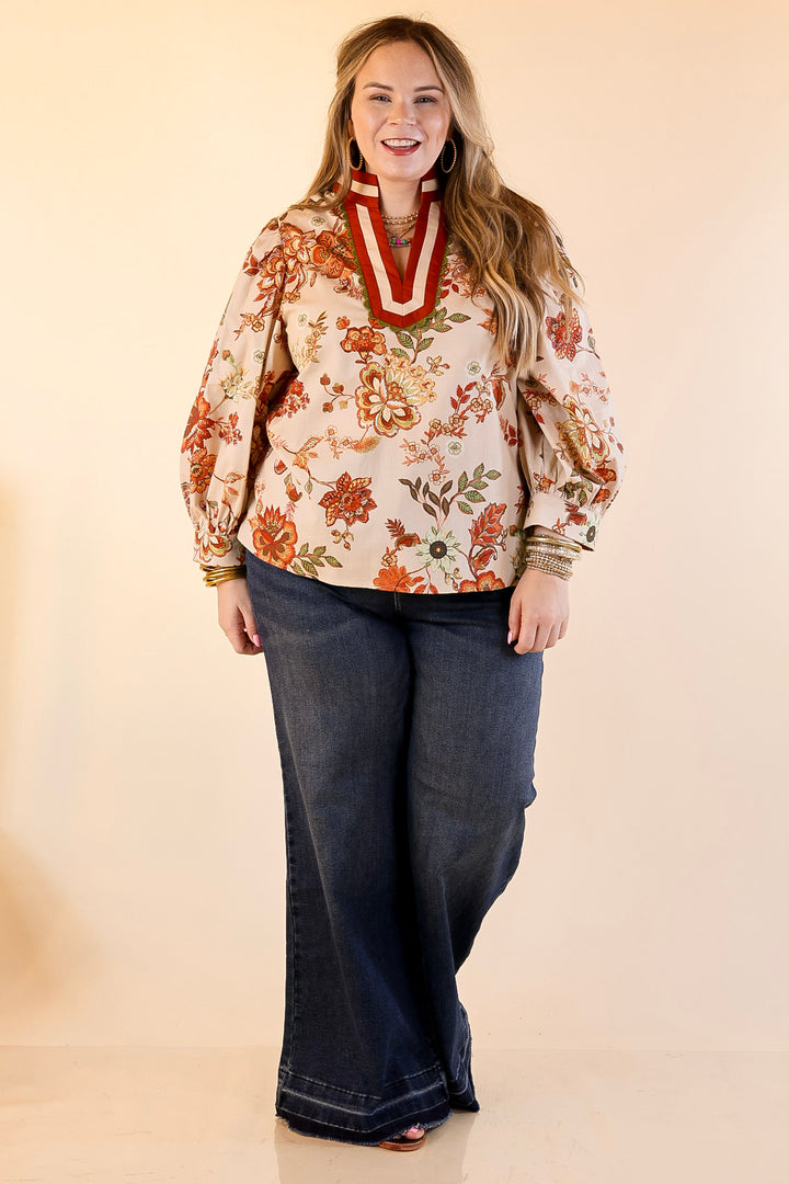 Autumn Allure Floral Long Sleeve Top with Contrast Trim in Rust Orange
