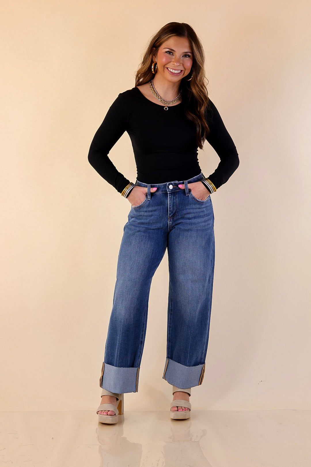 Risen | On Solid Ground Straight Leg Cuffed Jeans in Medium Wash