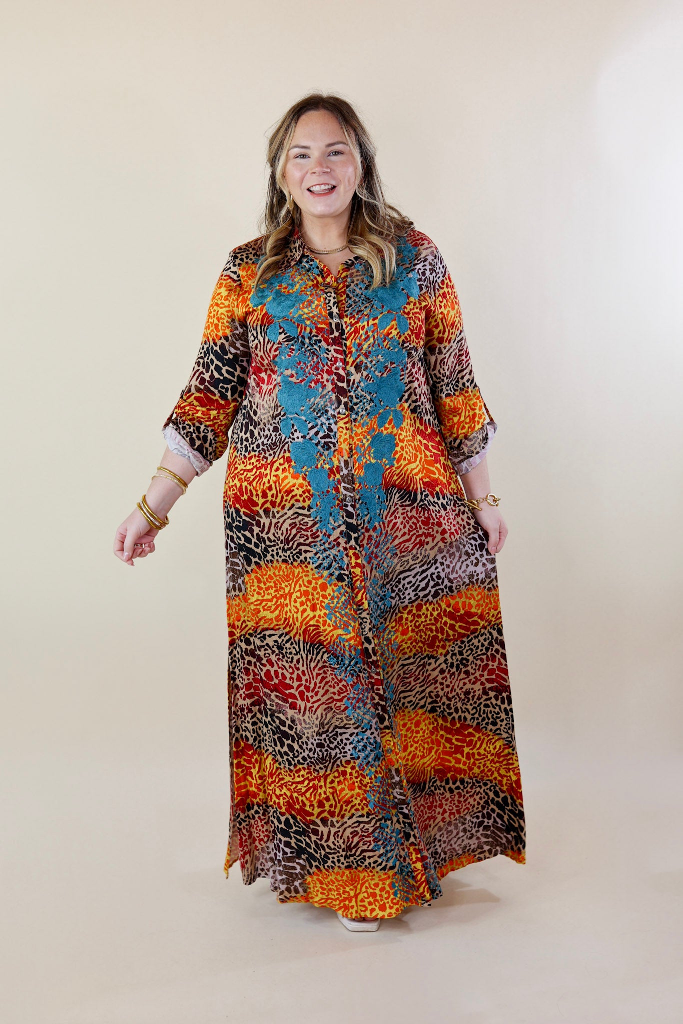 I'm All That Long Multi Color Leopard Button Up Maxi Dress with Turquoise Floral Print Embroidery - Giddy Up Glamour Boutique