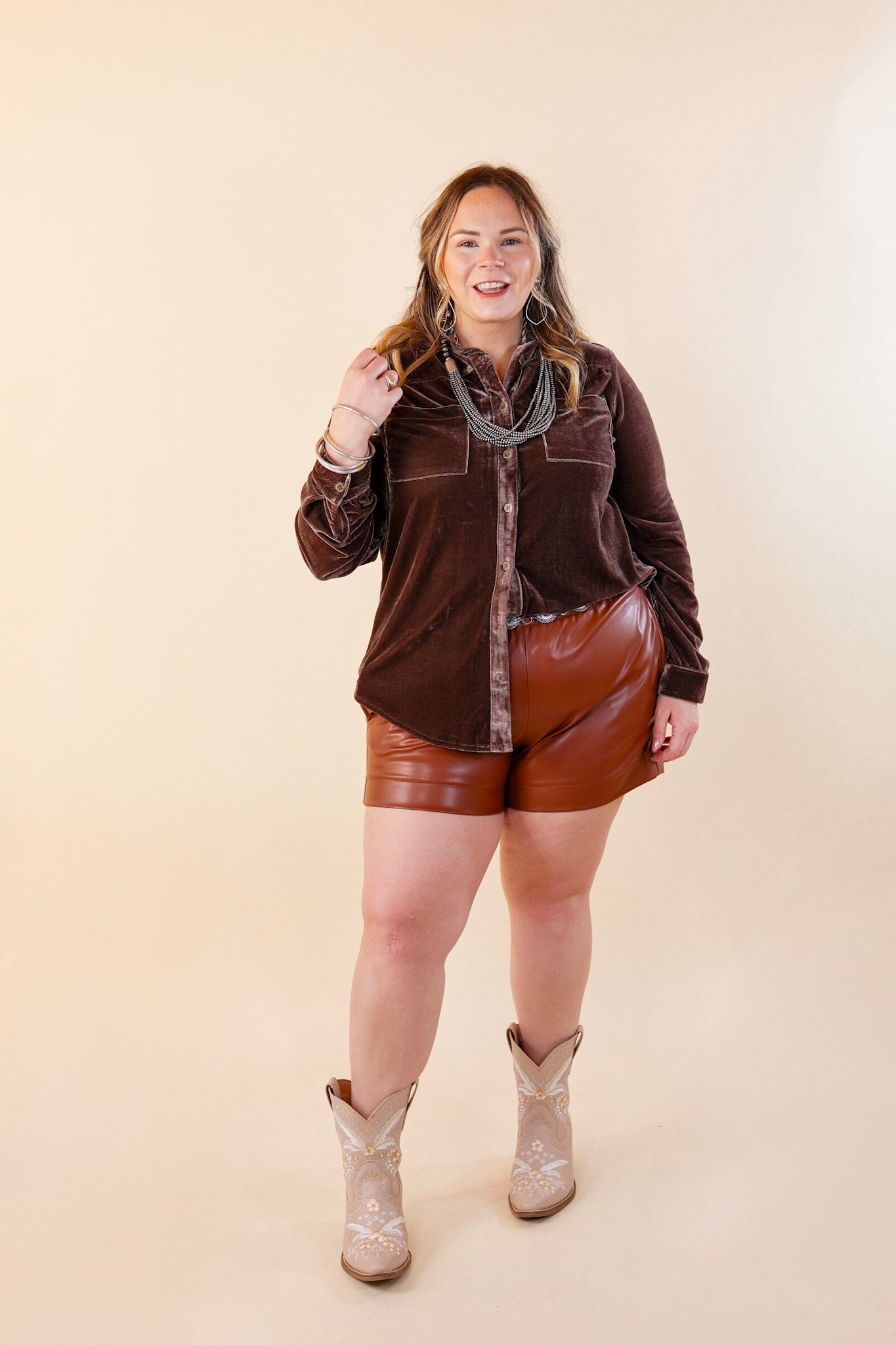 Candy Apple Evening Button Up Velvet Long Sleeve Blouse in Almond Brown - Giddy Up Glamour Boutique