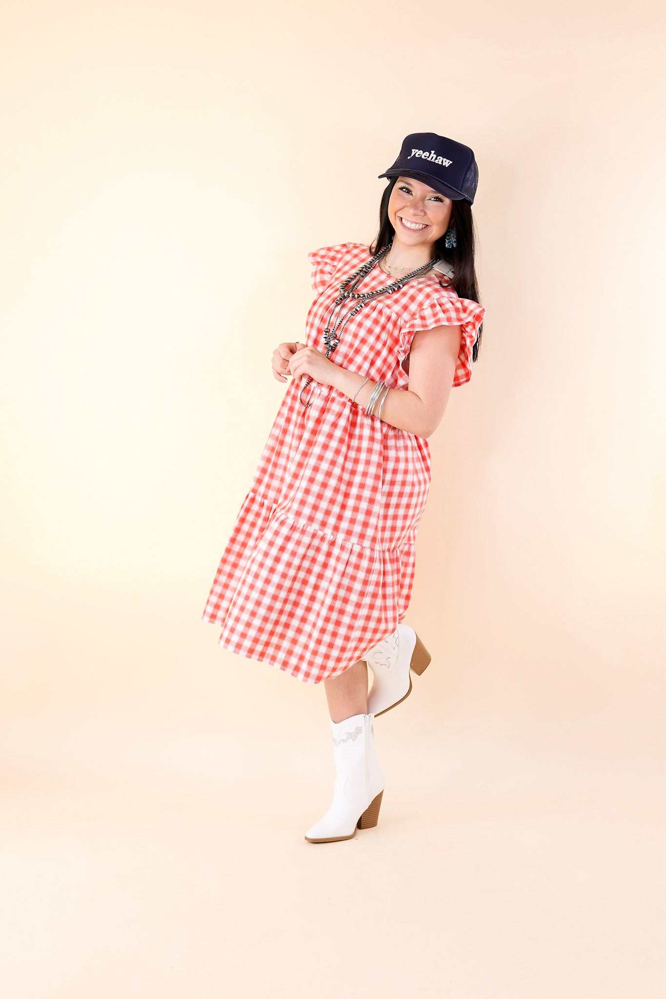 Sunny Pier Gingham Dress with Ruffle Cap Sleeves in Coral Red and White - Giddy Up Glamour Boutique