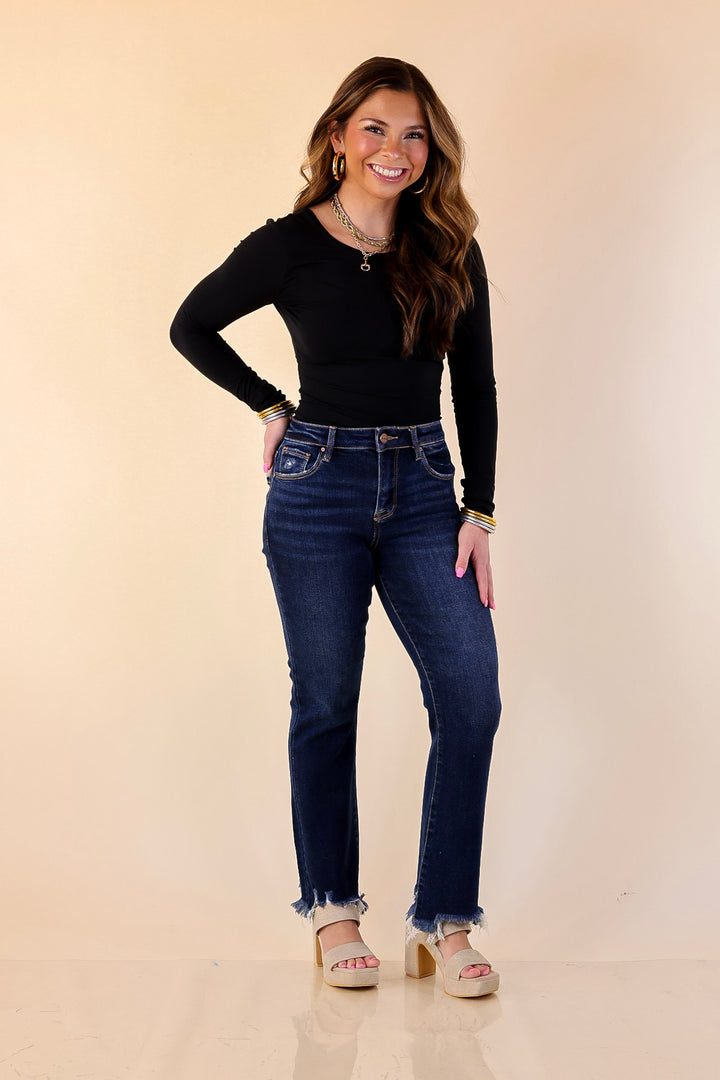 Risen | Effortless Essential Ankle Length Crop Destroyed Hem Straight Slim Jean in Dark Wash