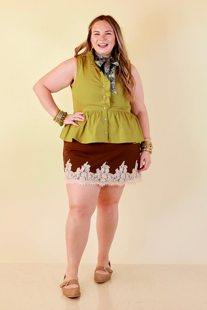 Poised &amp; Polished Sleeveless Ruffle Neck Button Front Peplum Top in Chartreuse Olive Green