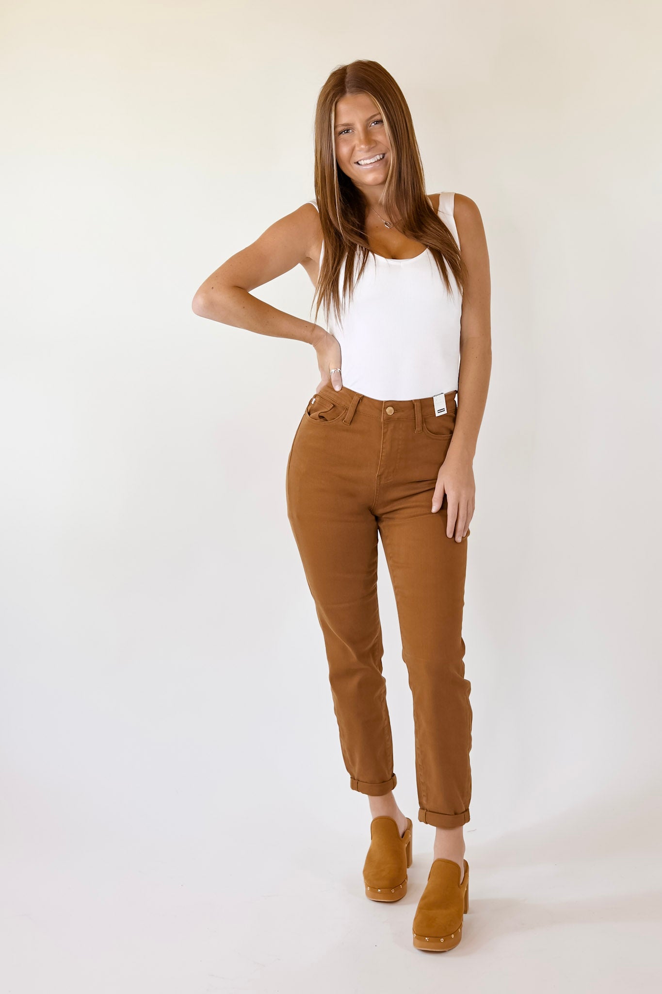Judy Blue | Celebrate Everyday Slim Fit Jeans with Cuffed Hem in Brown - Giddy Up Glamour Boutique