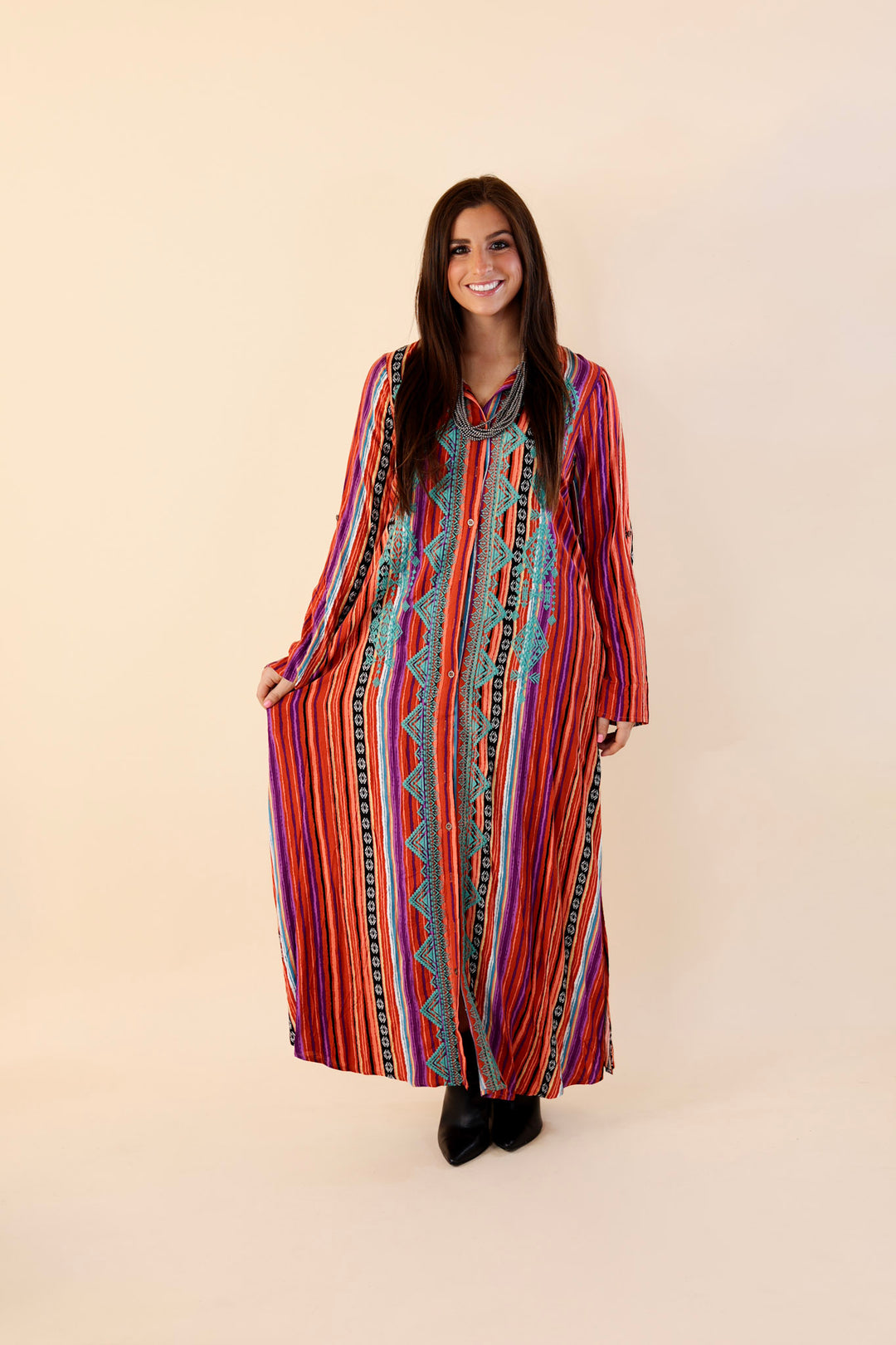 I'm All That Long Serape Button Up Dress with Aztec Print Embroidery - Giddy Up Glamour Boutique