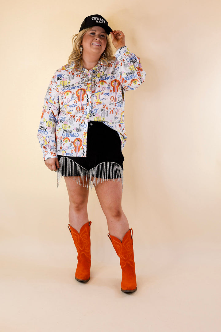 The Cowgirl Way Button Up Multi Color Music Print Top in White - Giddy Up Glamour Boutique
