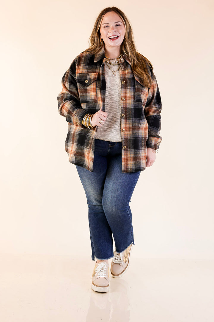 Kindness Everywhere Button Up Plaid Shacket in Black Mix