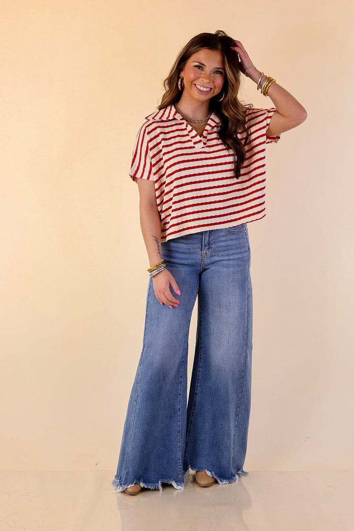 Simply Said Striped Drop Shoulder Collared Cropped Top in Ivory with Red Stripes