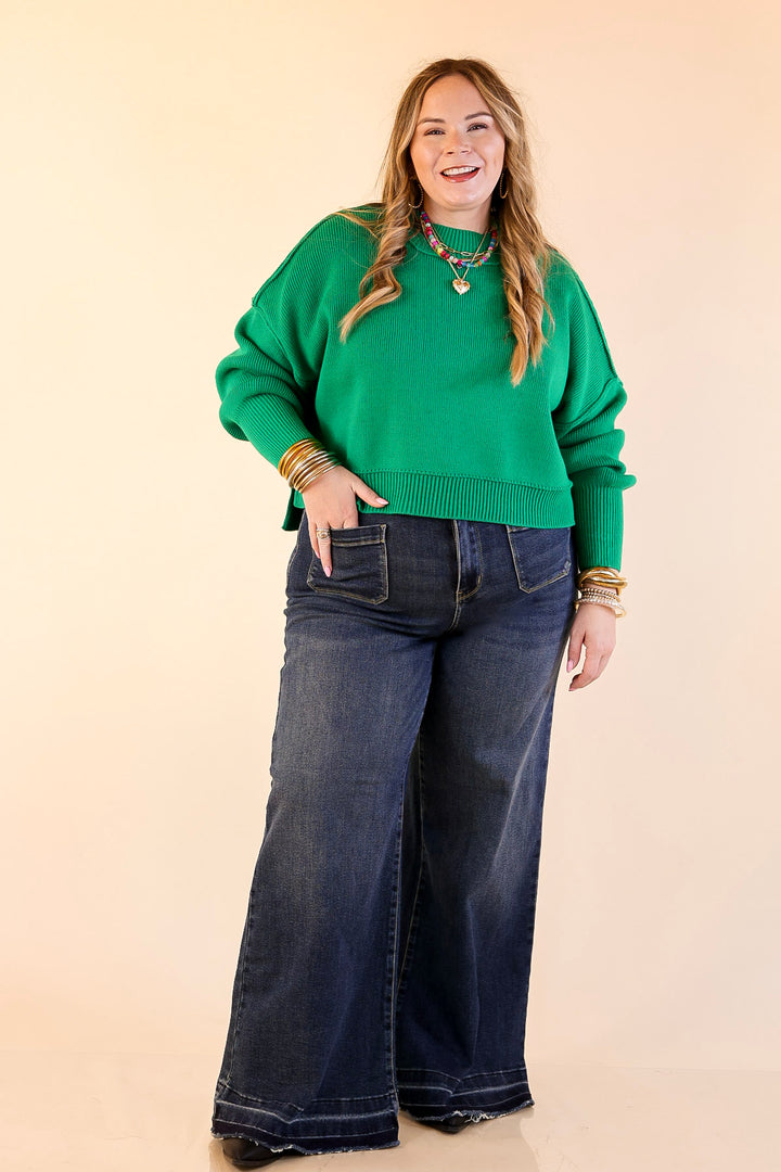 Fireside Fit Cropped Long Sleeve Mock Neck Sweater in Kelly Green