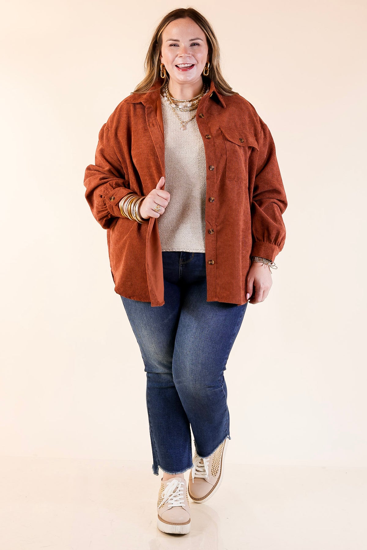 Latte Sips Button Up Corduroy Shacket in Rust