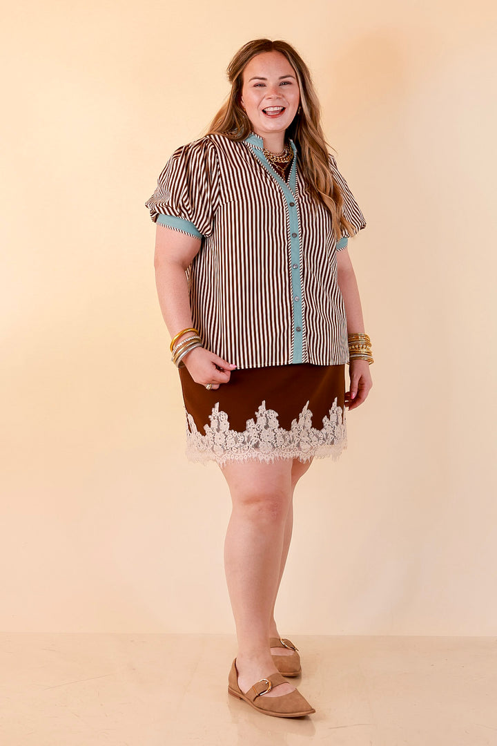 Pop of Polish Short Puff Sleeve Button Front Top with Contrast Trim in White, Chocolate Brown and Blue