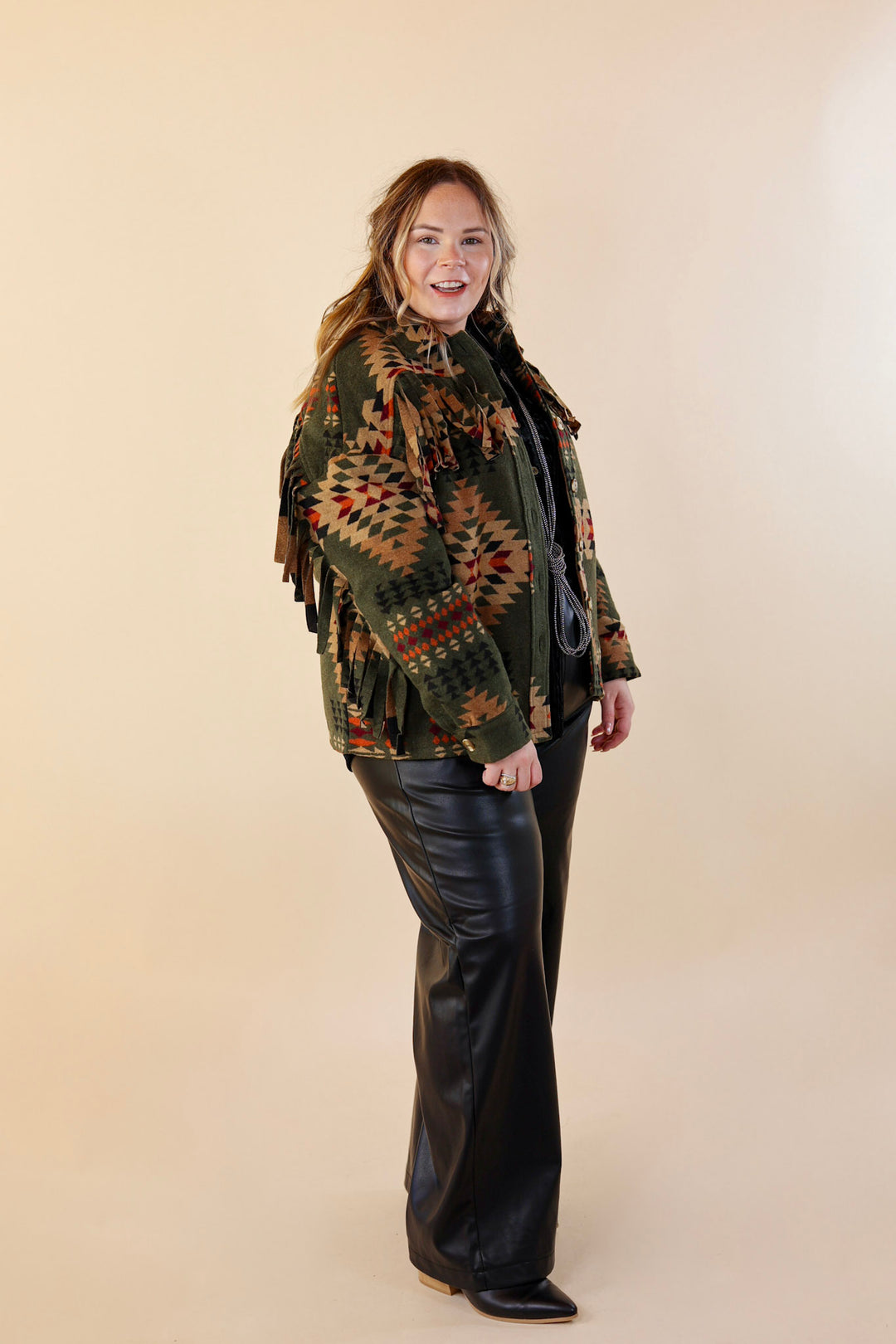 Take Over Aztec Print Button Up Jacket with Fringe in Olive Green - Giddy Up Glamour Boutique