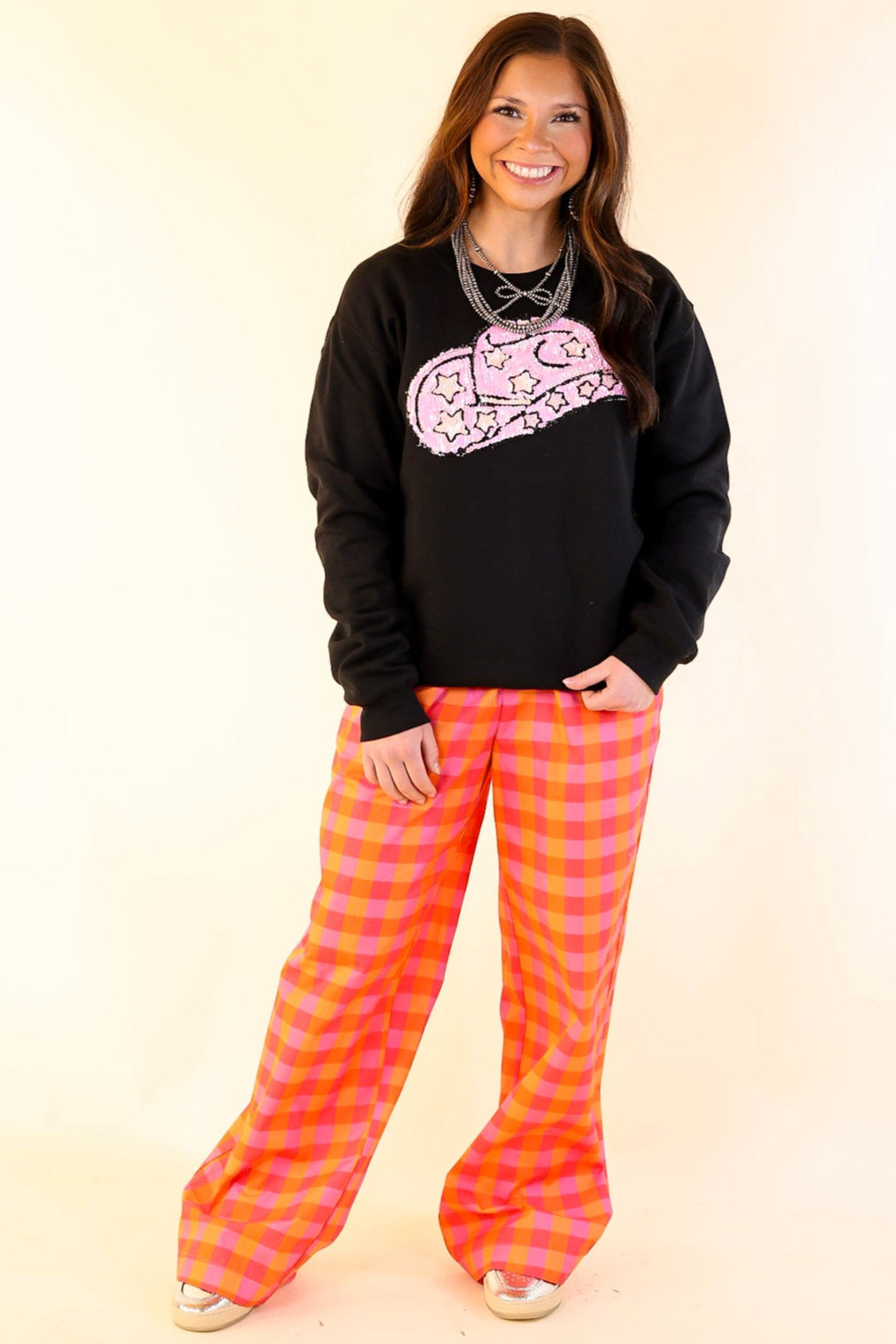 All Hat And Some Cowgirl Sequin Patch Graphic Sweatshirt in Black