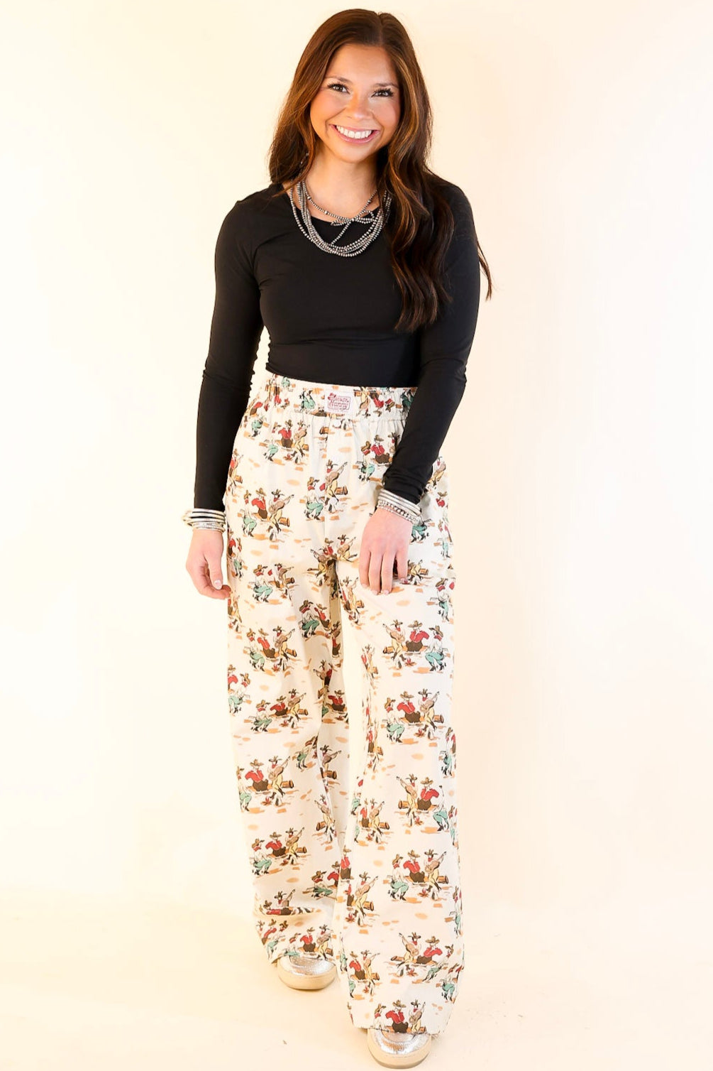 Newest Trend Cowboy Print Cotton Pants with Elastic Waistband in Ivory