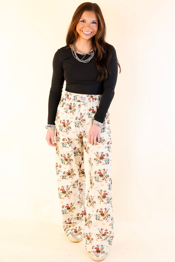 Newest Trend Cowboy Print Cotton Pants with Elastic Waistband in Ivory
