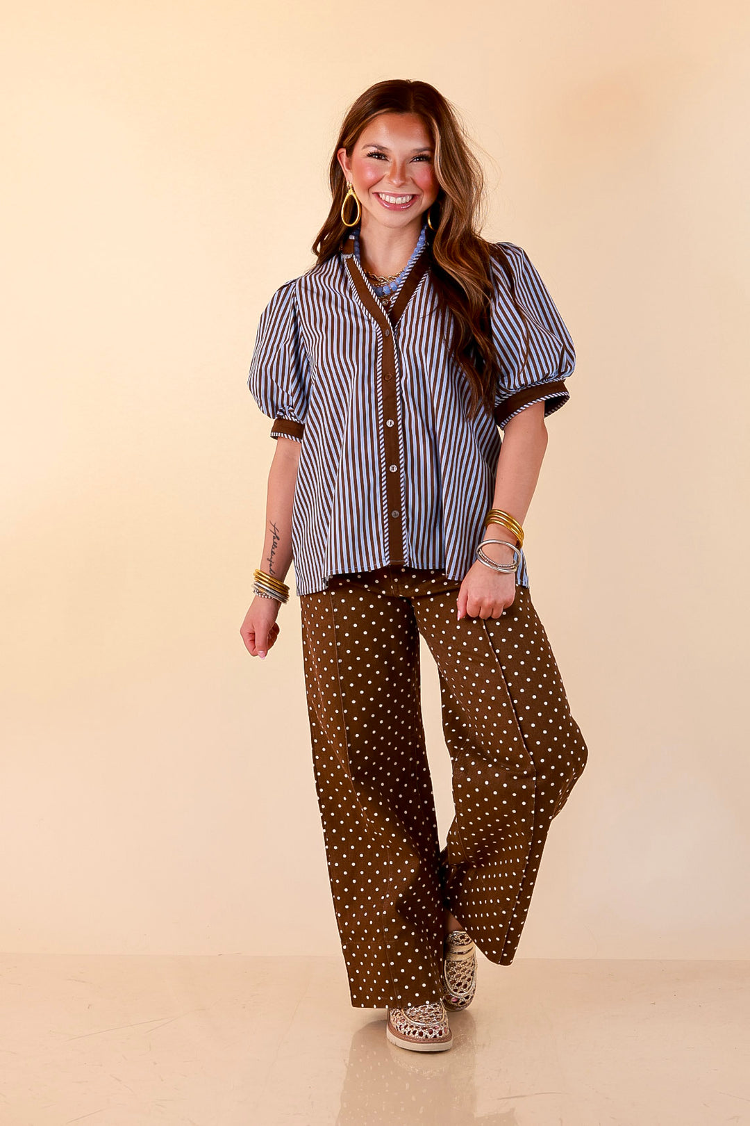 Pop of Polish Short Puff Sleeve Button Front Top with Contrast Trim in Blue and Brown