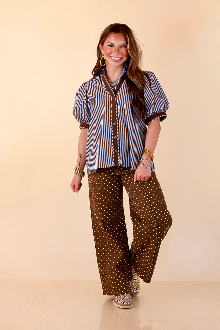 Pop of Polish Short Puff Sleeve Button Front Top with Contrast Trim in Blue and Brown