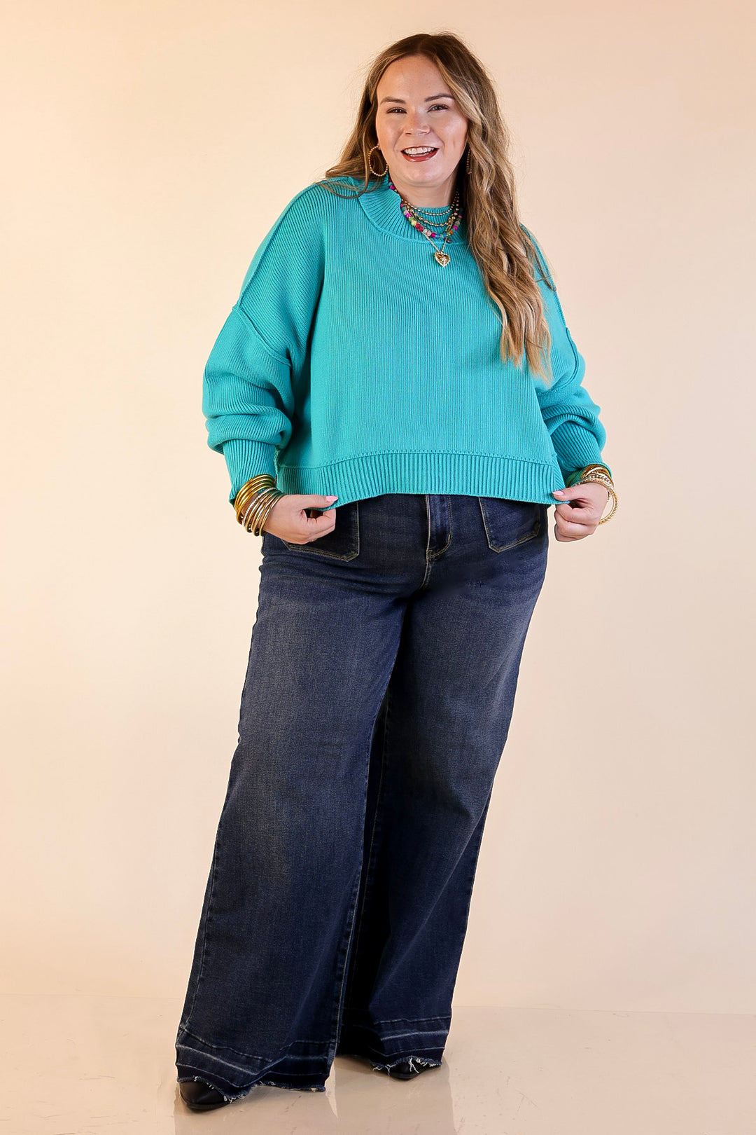 Fireside Fit Cropped Long Sleeve Mock Neck Sweater in Turquoise Blue
