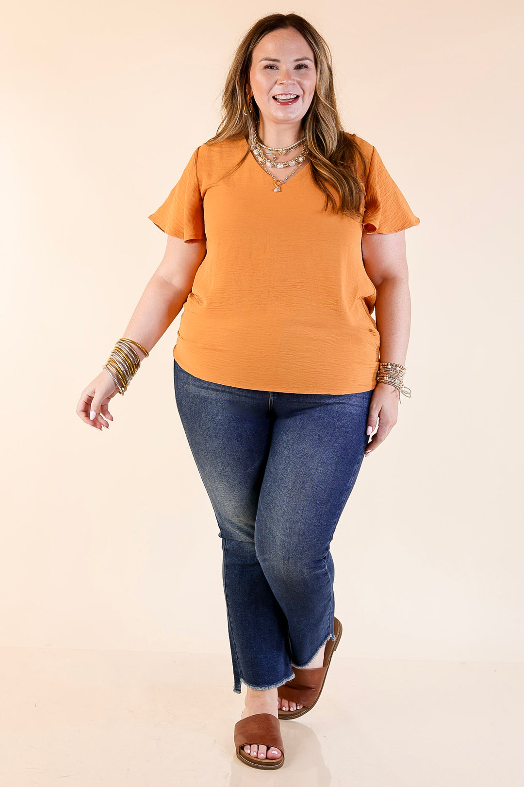 Best Intentions V Neck Short Sleeve Top in Apricot Orange