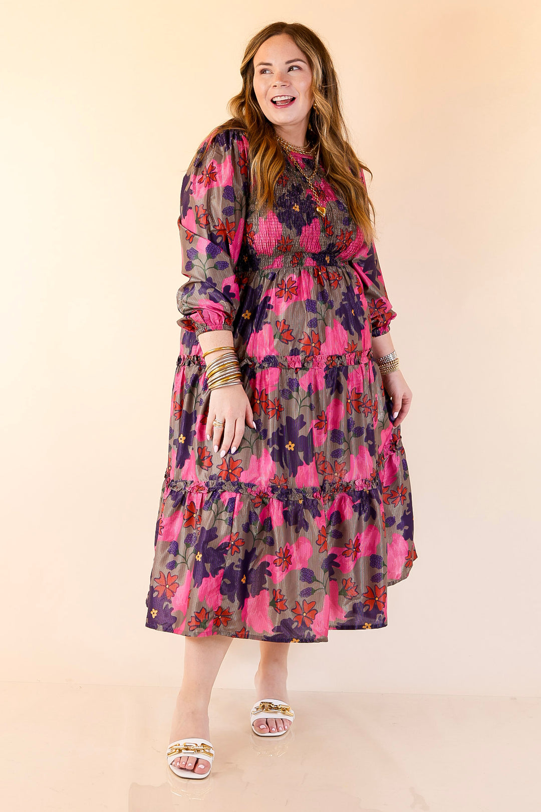 Mud Pie | Shaffer Smocked Bodice Long Sleeve Midi Dress with Tiered Skirt in Pink Mix