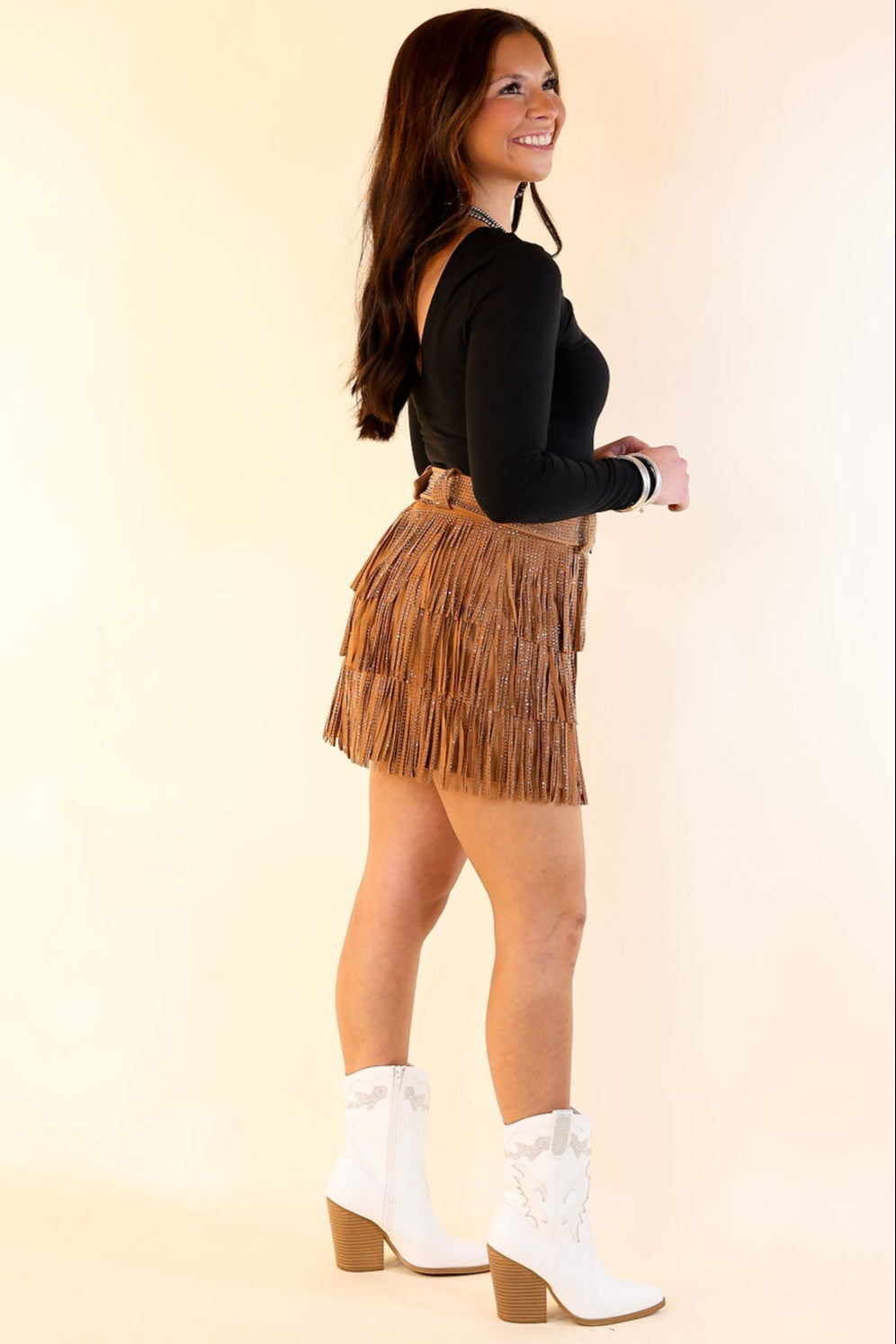 Cowboy Killer Crystal Fringe Mini Skort in Camel Brown